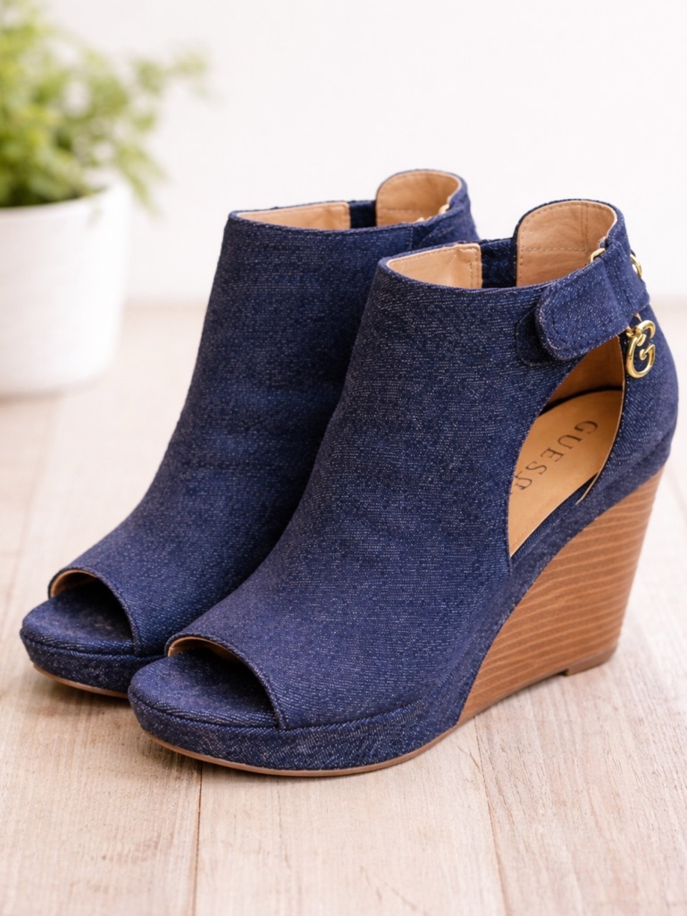 Guess Denim Wedge Booties Peep Toe Ankle Strap Blue Size 7M